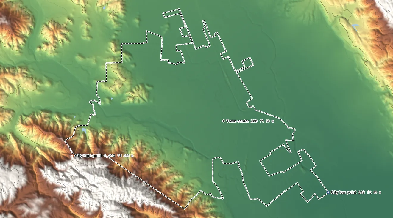 Topographic elevation map of Gilroy, California, shaded from 140 ft on the southeast side to 1,410 ft on the west edge, below higher ground just outside