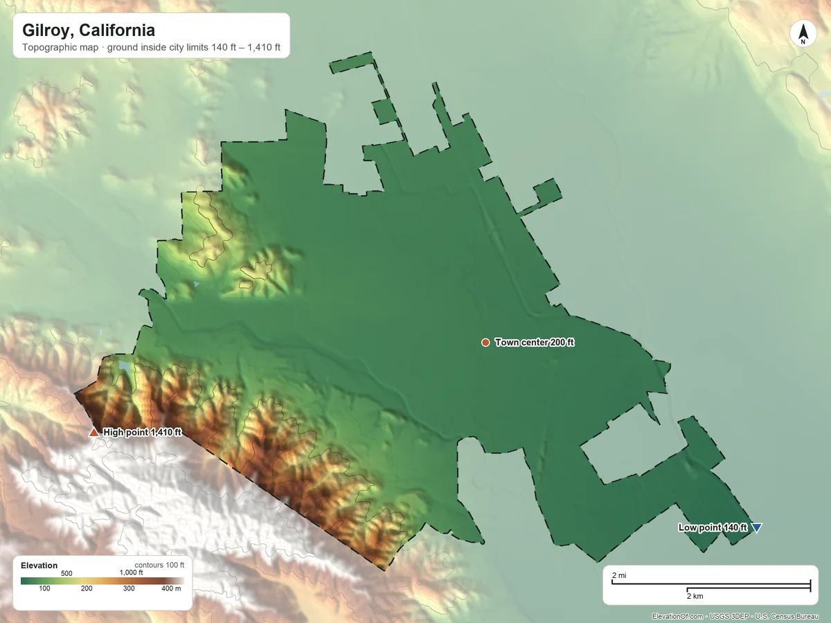 Topographic elevation map of Gilroy, California, shaded from 140 ft on the southeast side to 1,410 ft on the west edge, below higher ground just outside