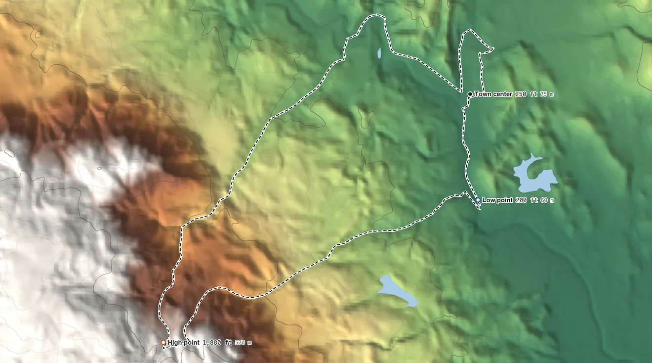 Topographic elevation map of Glen Ellen, California, shaded from 200 ft on the south side to 1,880 ft at the foot of the Sonoma Mountains