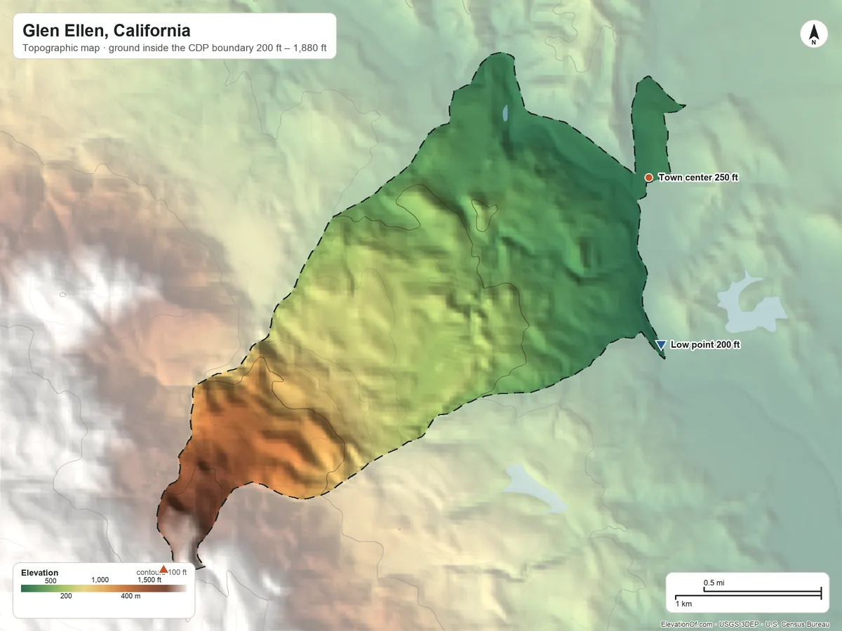Topographic elevation map of Glen Ellen, California, shaded from 200 ft on the south side to 1,880 ft at the foot of the Sonoma Mountains