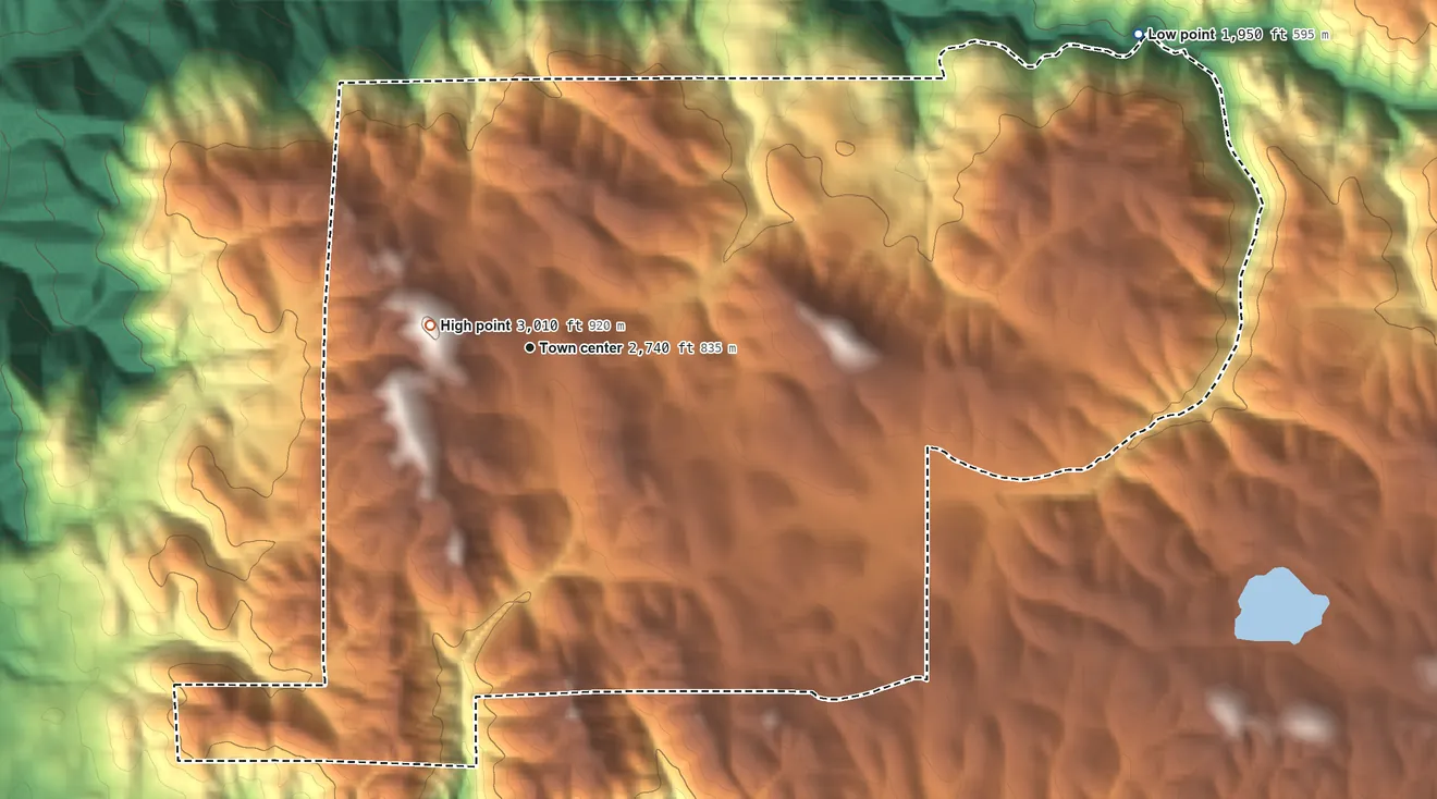 Topographic elevation map of Glencoe, California, shaded from 1,950 ft on the northeast side to 3,010 ft near the middle