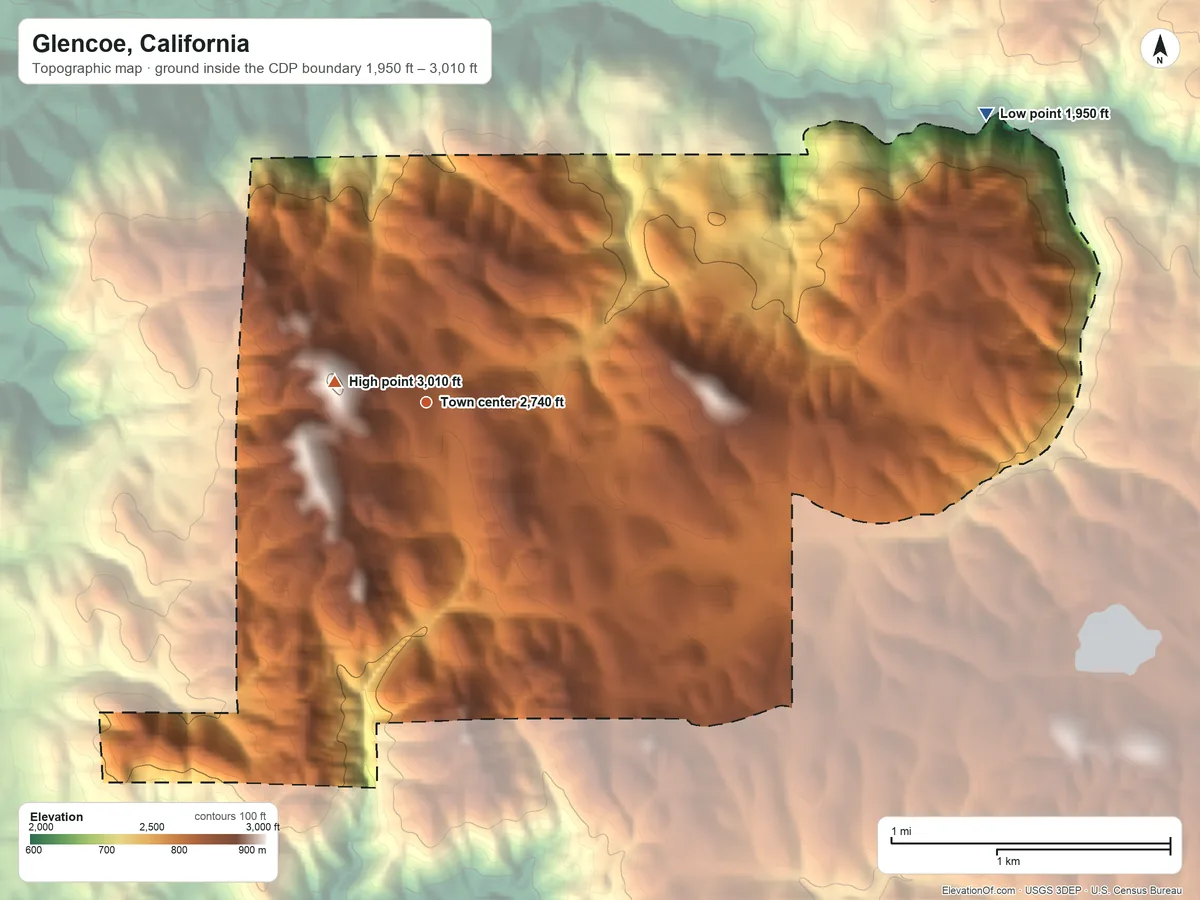 Topographic elevation map of Glencoe, California, shaded from 1,950 ft on the northeast side to 3,010 ft near the middle