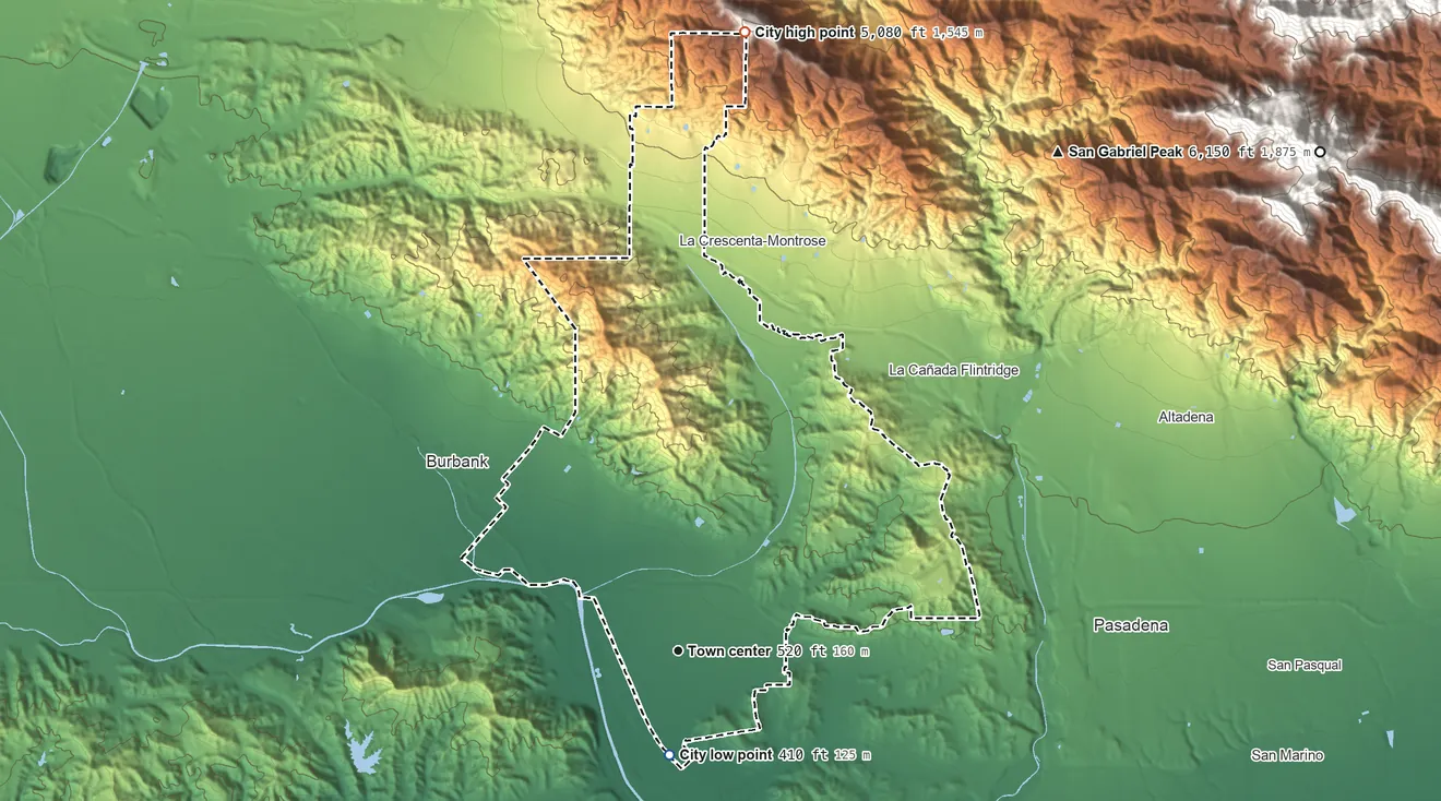 Topographic elevation map of Glendale, California, shaded from 410 ft on the south side to 5,076 ft on Mount Lukens