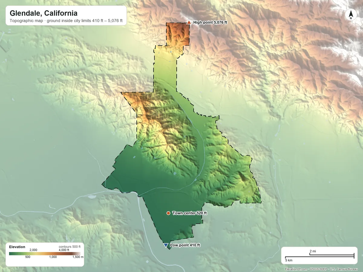 Topographic elevation map of Glendale, California, shaded from 410 ft on the south side to 5,076 ft on Mount Lukens