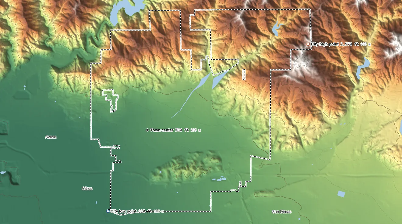 Topographic elevation map of Glendora, California, shaded from 610 ft on the southwest side to 2,970 ft on the northeast side