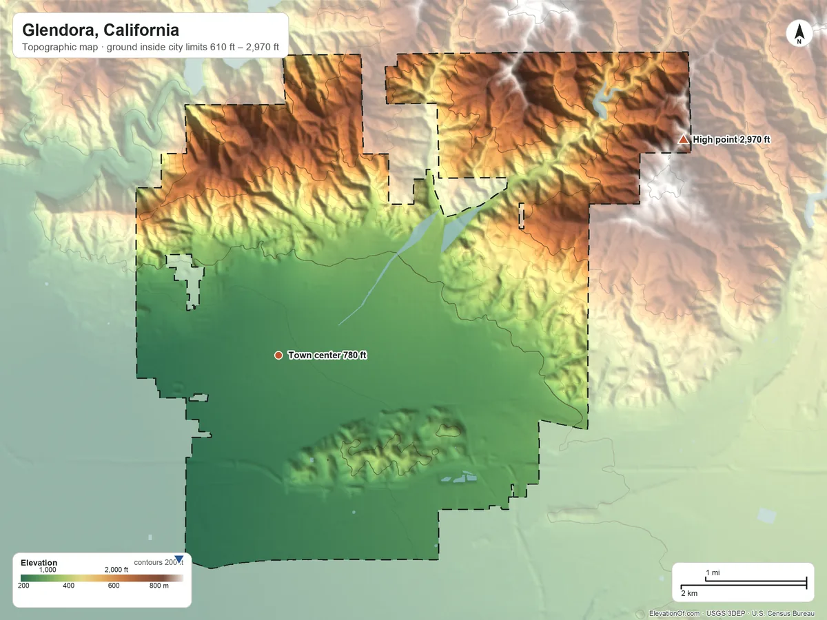 Topographic elevation map of Glendora, California, shaded from 610 ft on the southwest side to 2,970 ft on the northeast side