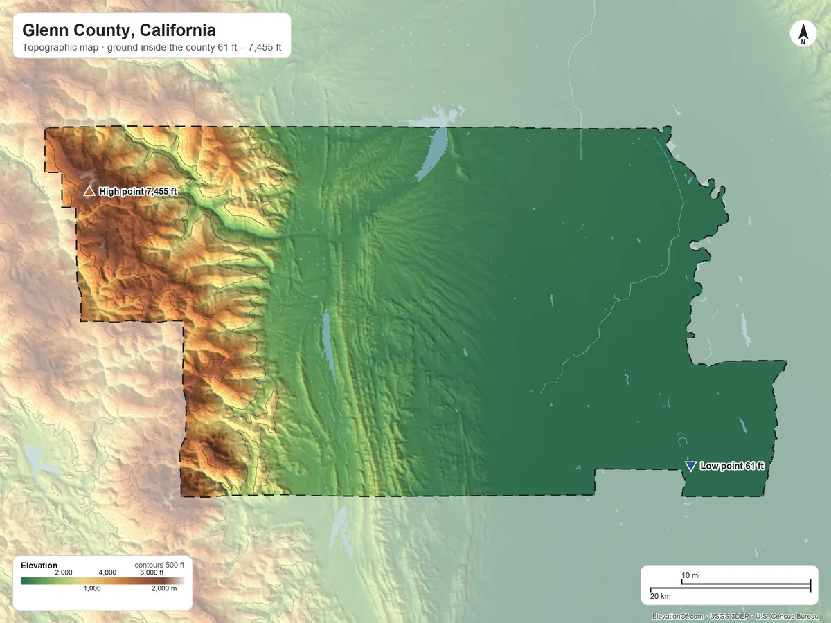 Topographic elevation map of Glenn County, California, shaded from 61 ft on the southeast side to 7,455 ft on Black Butte