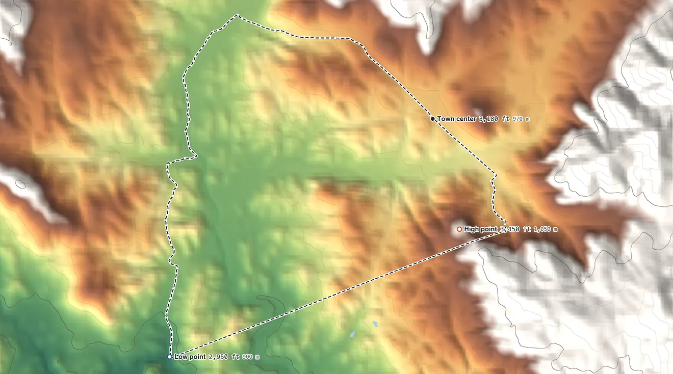 Topographic elevation map of Glennville, California, shaded from 2,950 ft on the southwest side to 3,450 ft at the foot of the Greenhorn Mountains