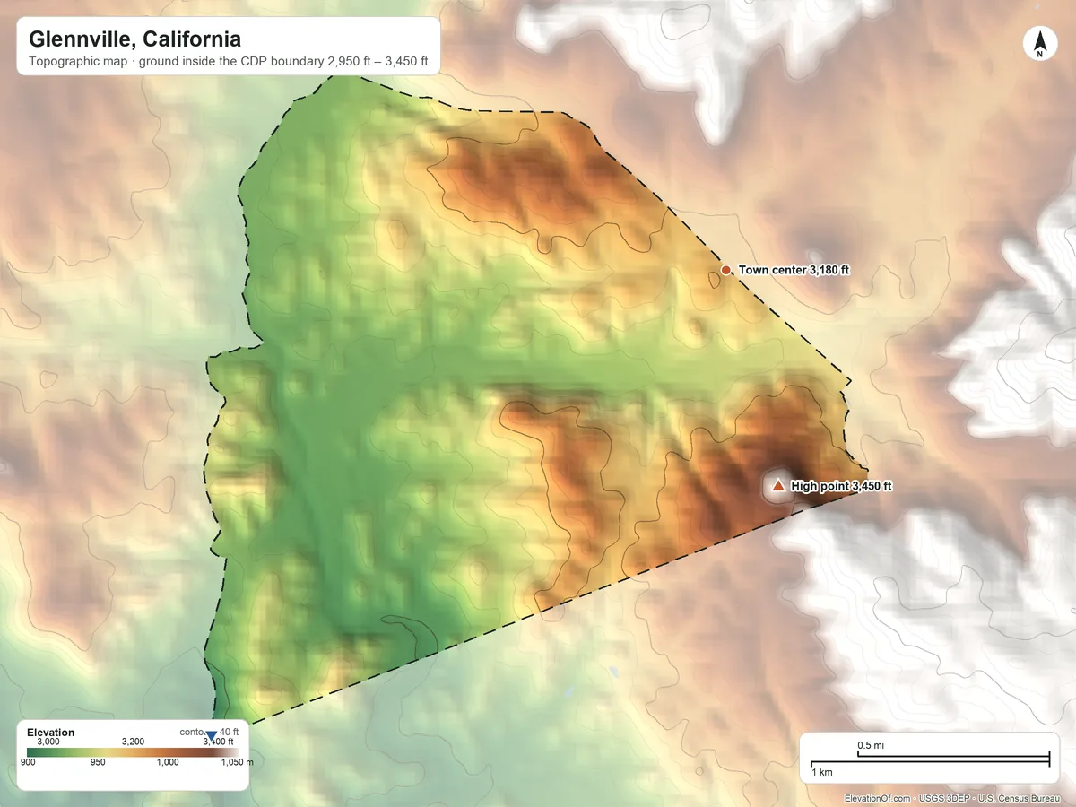 Topographic elevation map of Glennville, California, shaded from 2,950 ft on the southwest side to 3,450 ft at the foot of the Greenhorn Mountains