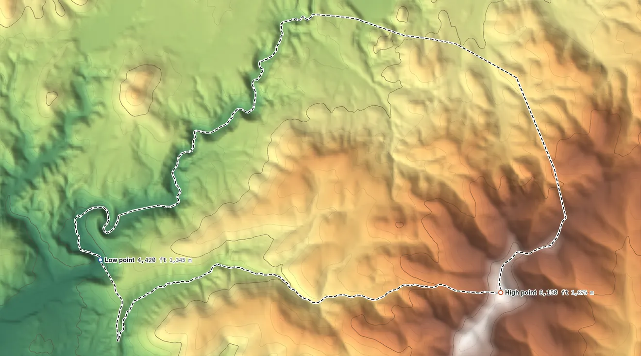 Topographic elevation map of Gold Mountain, California, shaded from 4,420 ft on the southwest side to 6,150 ft on the southeast side