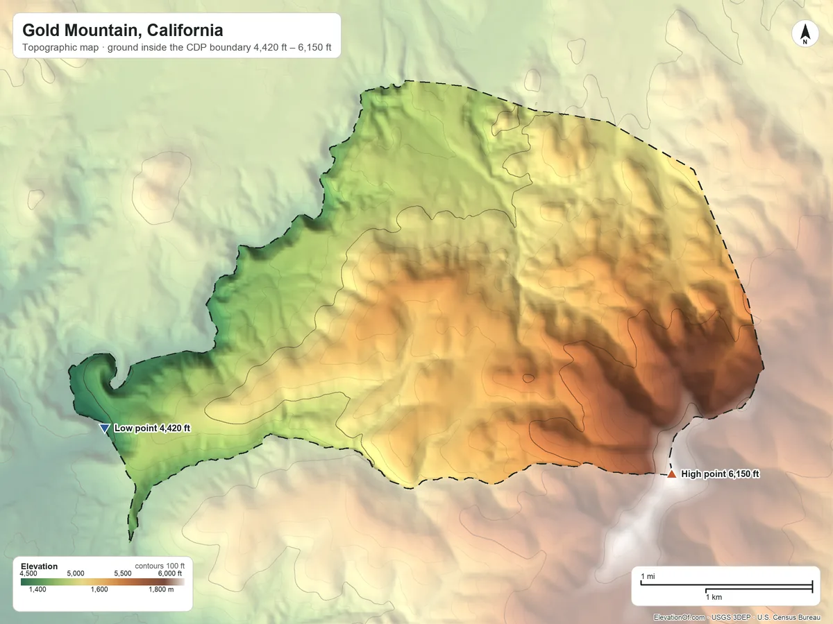 Topographic elevation map of Gold Mountain, California, shaded from 4,420 ft on the southwest side to 6,150 ft on the southeast side