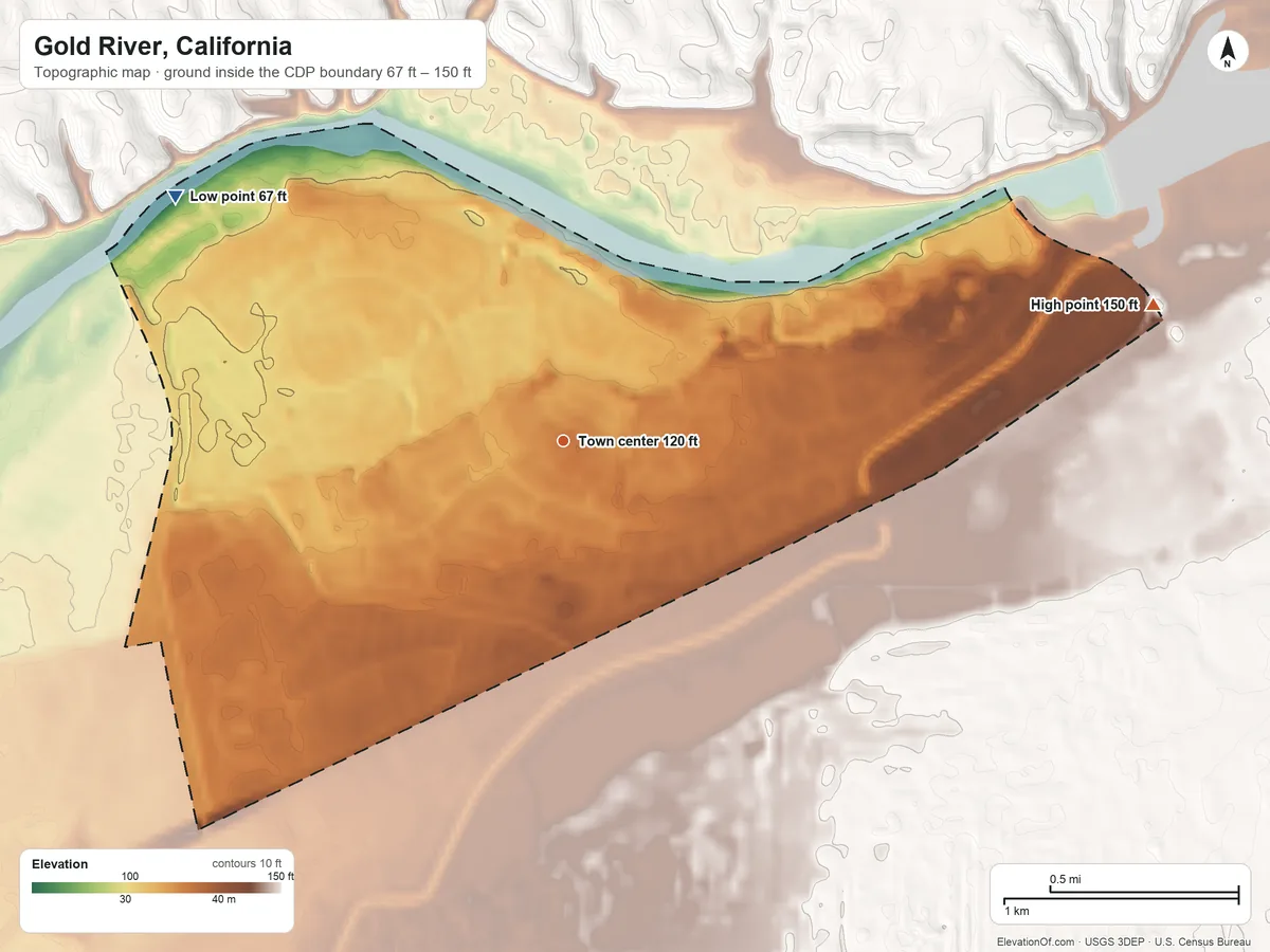 Topographic elevation map of Gold River, California, shaded from 67 ft on the northwest side to 150 ft on the east side