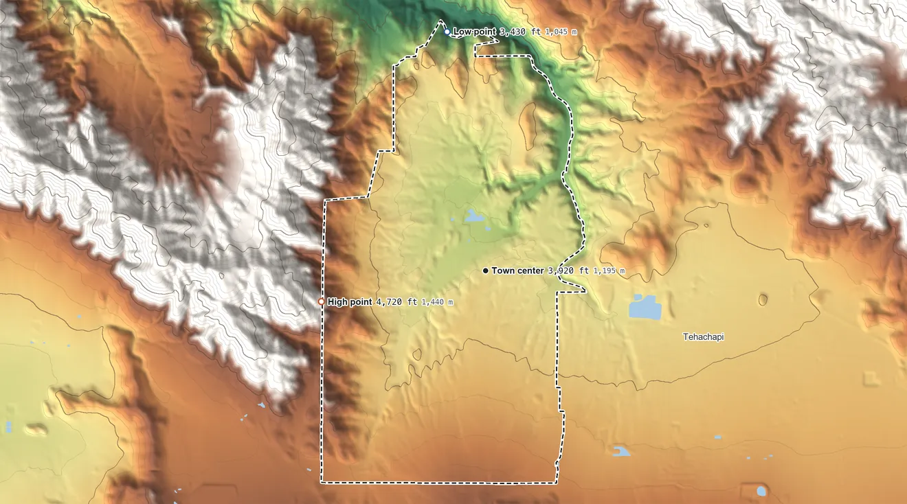 Topographic elevation map of Golden Hills, California, shaded from 3,430 ft on the north side to 4,720 ft at the foot of the Tehachapi Mountains