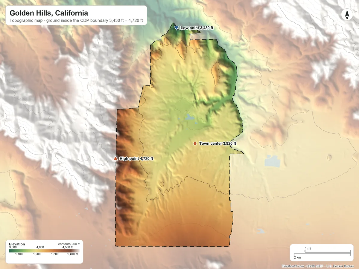 Topographic elevation map of Golden Hills, California, shaded from 3,430 ft on the north side to 4,720 ft at the foot of the Tehachapi Mountains