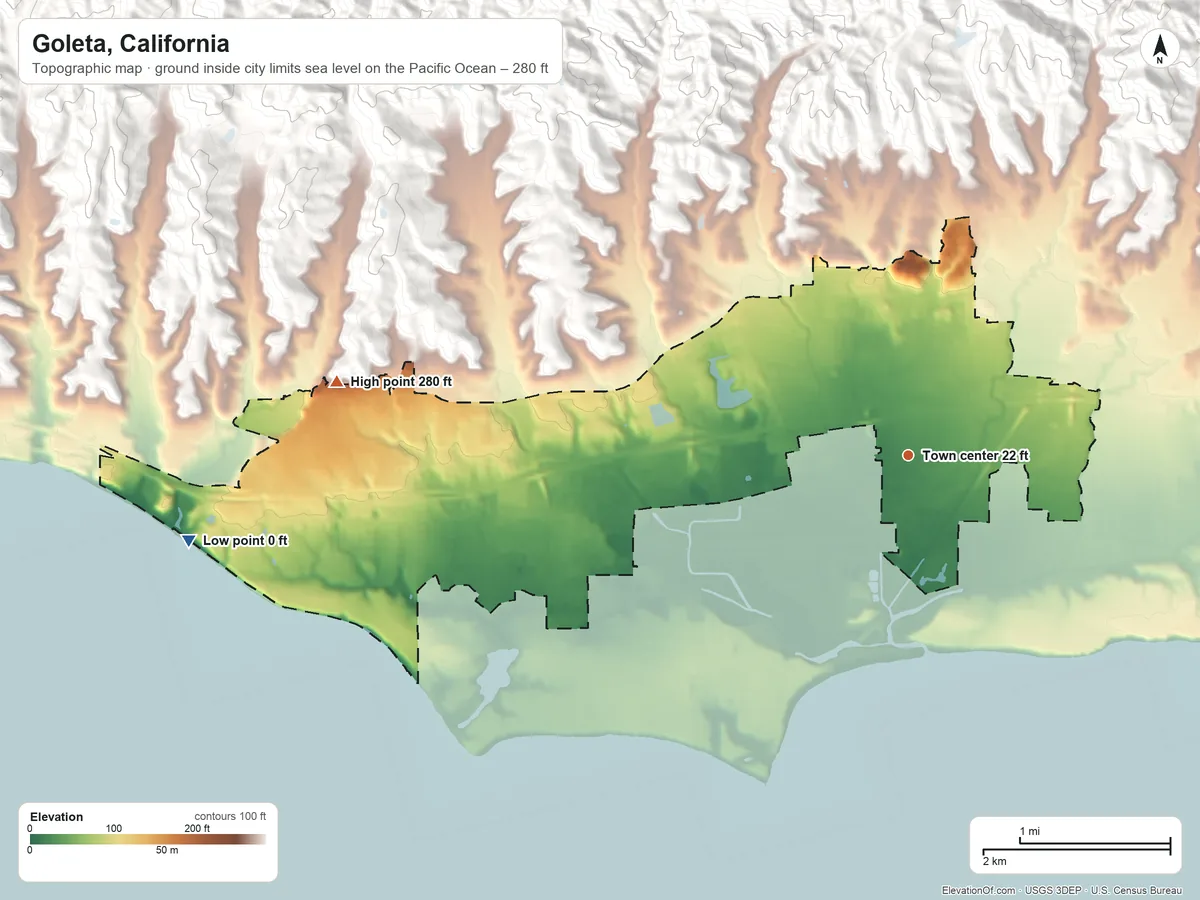 Topographic elevation map of Goleta, California, shaded from sea level level on the Pacific Ocean to 280 ft on the west edge, below higher ground just outside