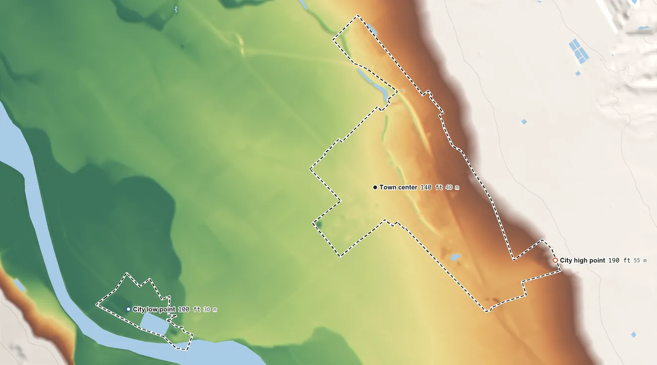 Topographic elevation map of Gonzales, California, shaded from 100 ft on the southwest side to 190 ft on the east side