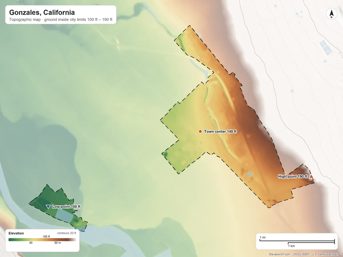 Topographic elevation map of Gonzales, California, shaded from 100 ft on the southwest side to 190 ft on the east side