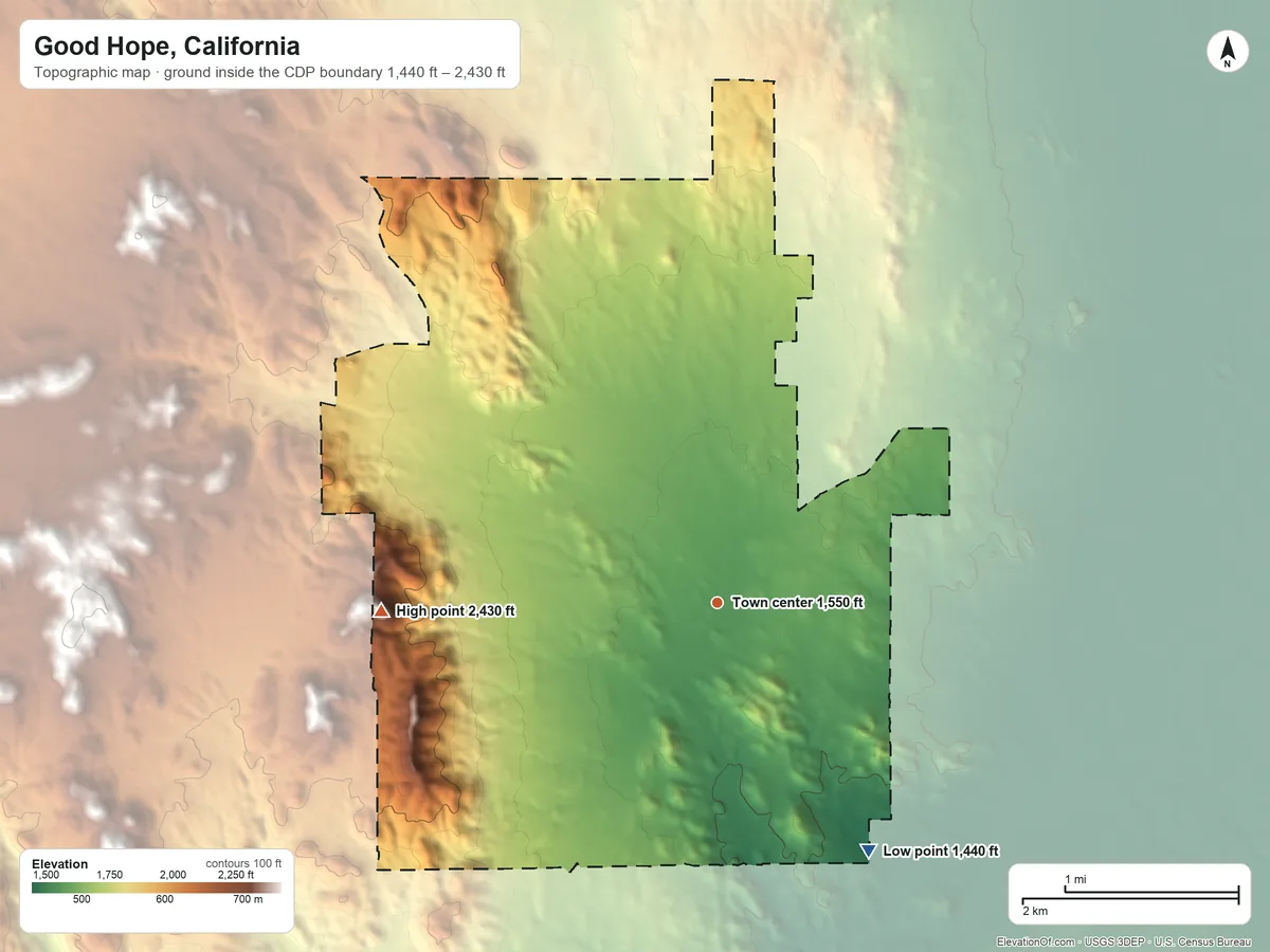 Topographic elevation map of Good Hope, California, shaded from 1,440 ft on the southeast side to 2,430 ft on the west side