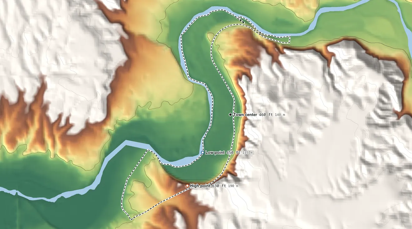 Topographic elevation map of Goodmanville, California, shaded from 450 ft on the southwest side to 630 ft on the southwest side