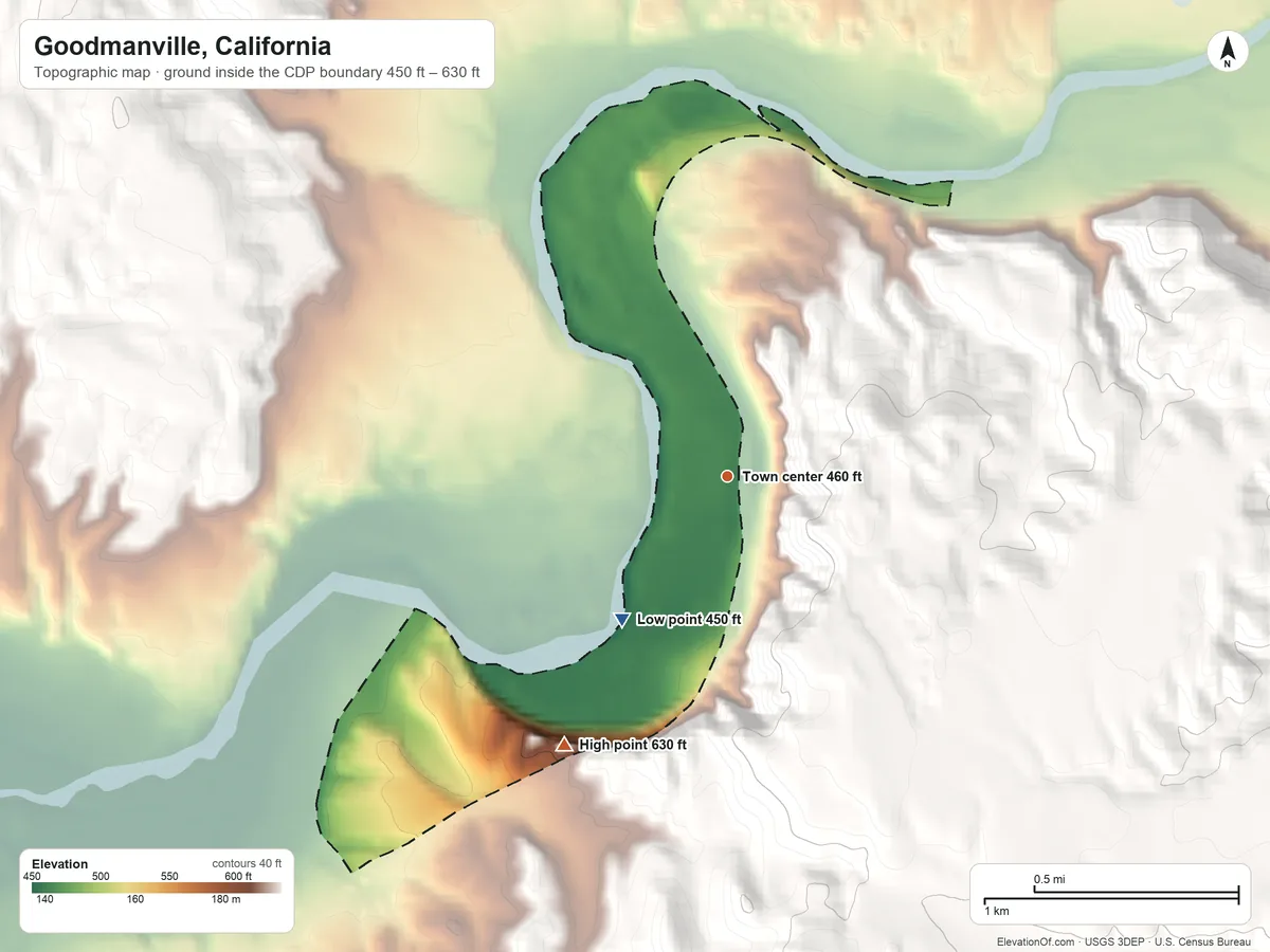 Topographic elevation map of Goodmanville, California, shaded from 450 ft on the southwest side to 630 ft on the southwest side