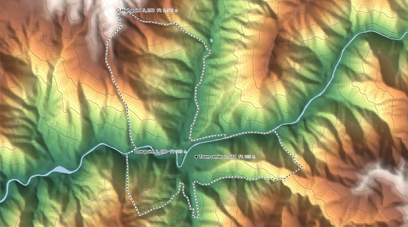 Topographic elevation map of Goodyears Bar, California, shaded from 2,600 ft on the west side to 5,200 ft on the northwest side