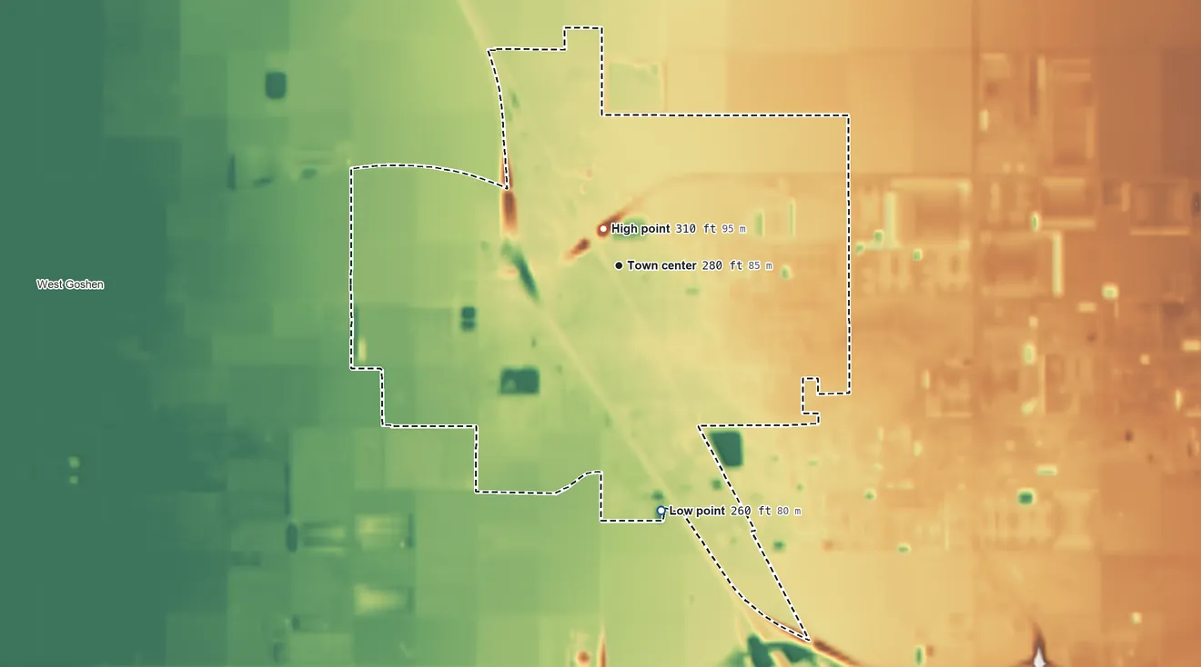 Topographic elevation map of Goshen, California, shaded from 260 ft on the south side to 310 ft near the middle