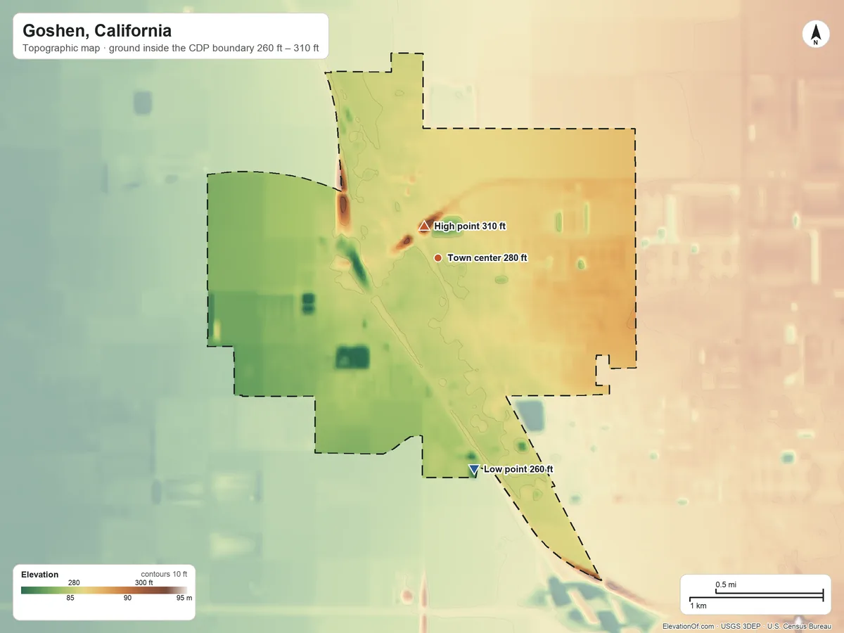 Topographic elevation map of Goshen, California, shaded from 260 ft on the south side to 310 ft near the middle