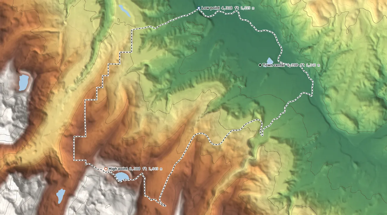 Topographic elevation map of Graeagle, California, shaded from 4,310 ft on the northwest side to 6,380 ft on the southwest edge, below higher ground just outside