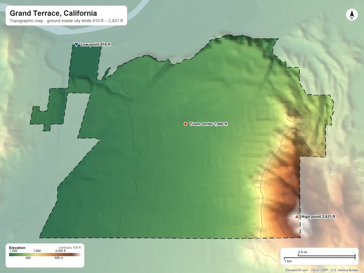Topographic elevation map of Grand Terrace, California, shaded from 910 ft on the northwest side to 2,431 ft on Blue Mountain