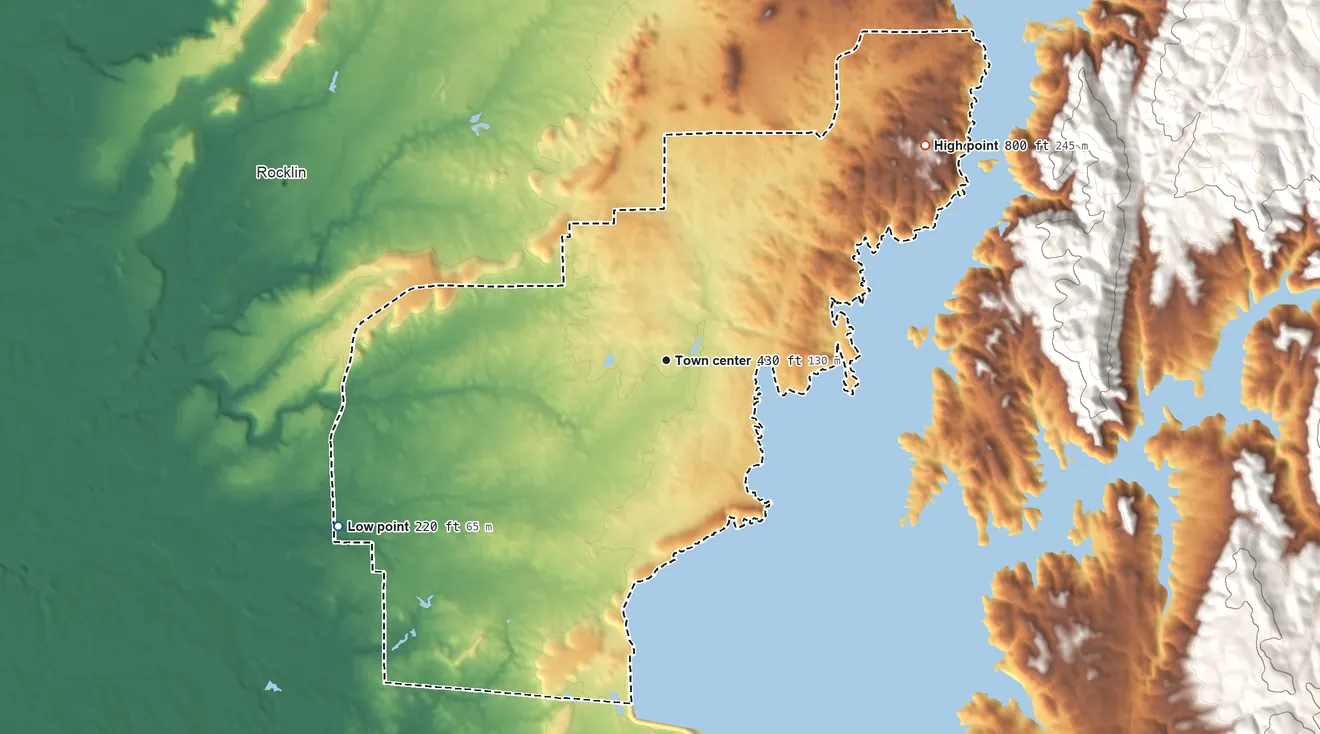 Topographic elevation map of Granite Bay, California, shaded from 220 ft on the southwest side to 800 ft on the northeast edge, below higher ground just outside