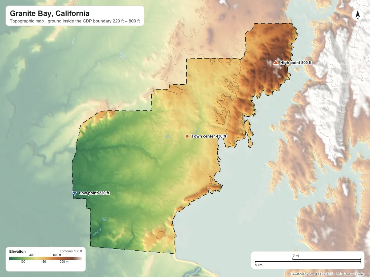 Topographic elevation map of Granite Bay, California, shaded from 220 ft on the southwest side to 800 ft on the northeast edge, below higher ground just outside