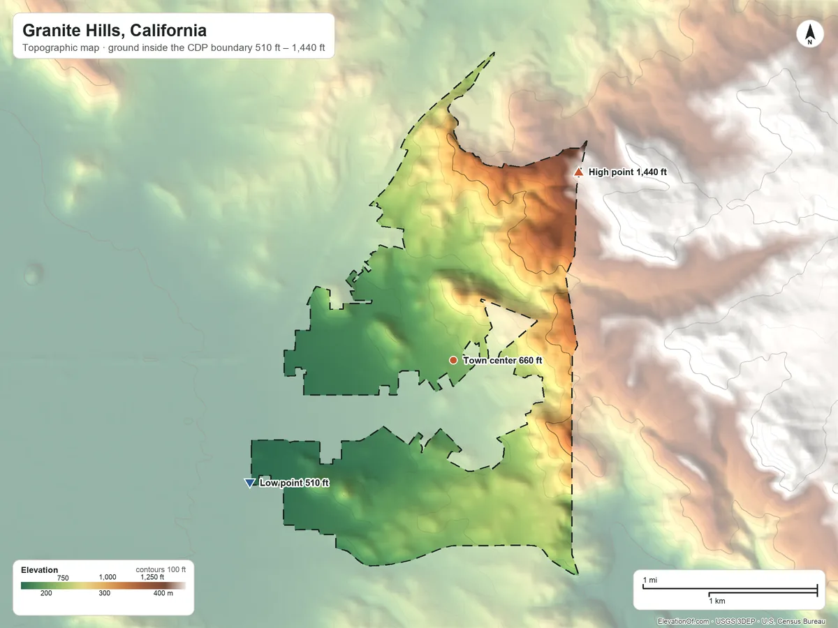 Topographic elevation map of Granite Hills, California, shaded from 510 ft on the southwest side to 1,440 ft at the foot of the Fletcher Hills
