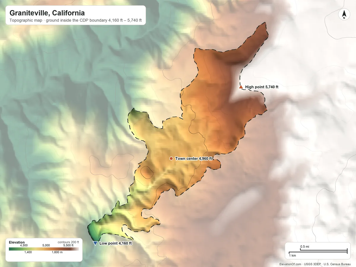 Topographic elevation map of Graniteville, California, shaded from 4,160 ft on the southwest side to 5,740 ft on the northeast edge, below higher ground just outside