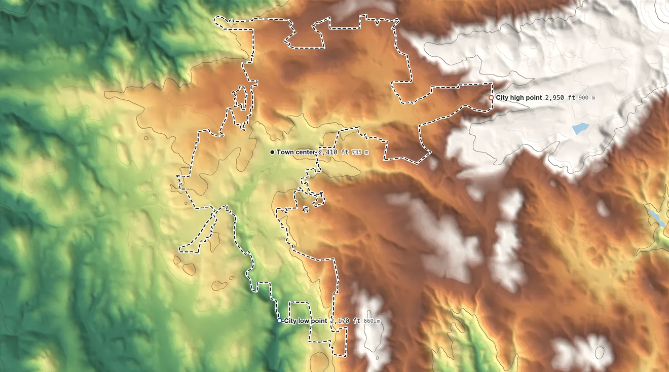Topographic elevation map of Grass Valley, California, shaded from 2,170 ft on the south side to 2,950 ft on the east edge, below higher ground just outside
