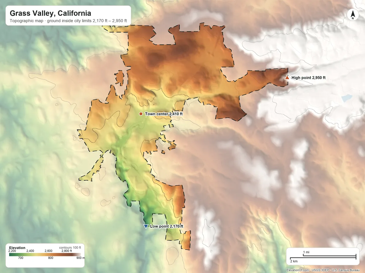 Topographic elevation map of Grass Valley, California, shaded from 2,170 ft on the south side to 2,950 ft on the east edge, below higher ground just outside