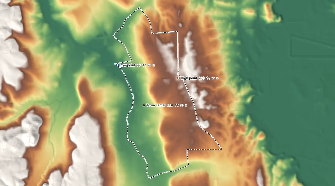 Topographic elevation map of Graton, California, shaded from 90 ft on the northwest side to 250 ft on the northeast side