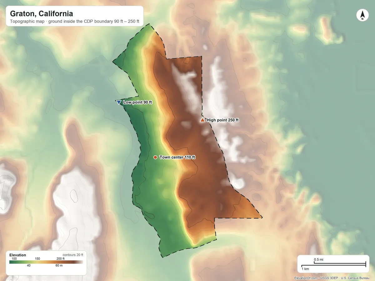 Topographic elevation map of Graton, California, shaded from 90 ft on the northwest side to 250 ft on the northeast side