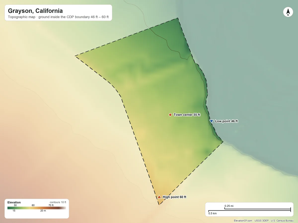 Topographic elevation map of Grayson, California, shaded from 46 ft on the east side to 60 ft on the south side