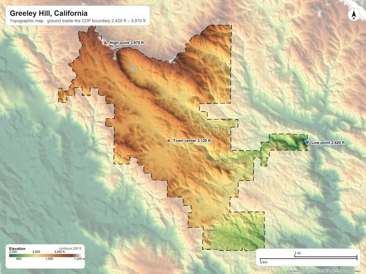 Topographic elevation map of Greeley Hill, California, shaded from 2,420 ft on the east side to 3,970 ft on the northwest side