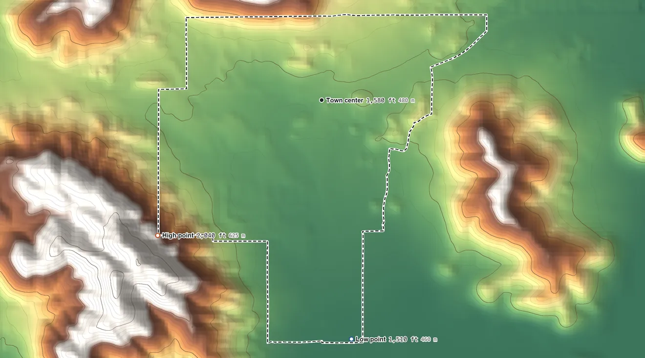 Topographic elevation map of Green Acres, California, shaded from 1,510 ft on the south side to 2,040 ft at the foot of the Lakeview Mountains
