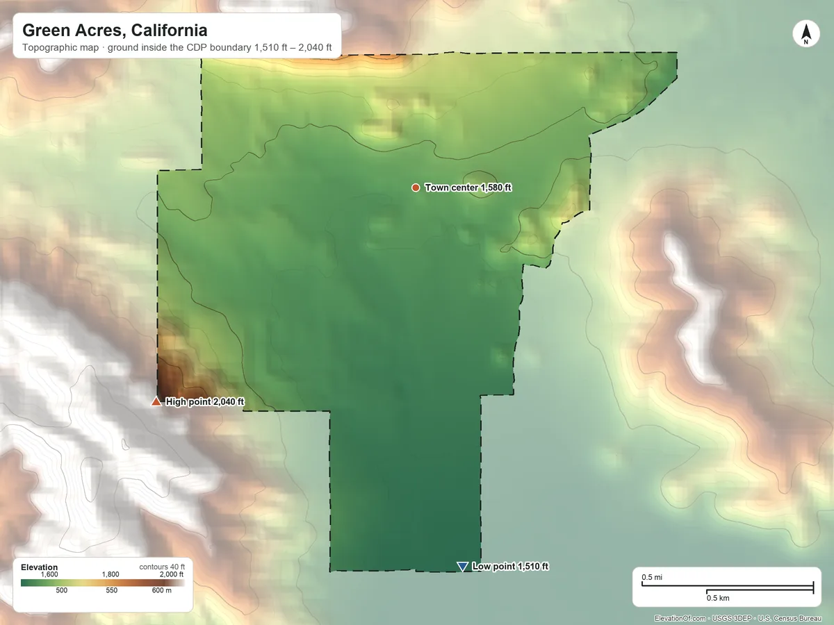 Topographic elevation map of Green Acres, California, shaded from 1,510 ft on the south side to 2,040 ft at the foot of the Lakeview Mountains