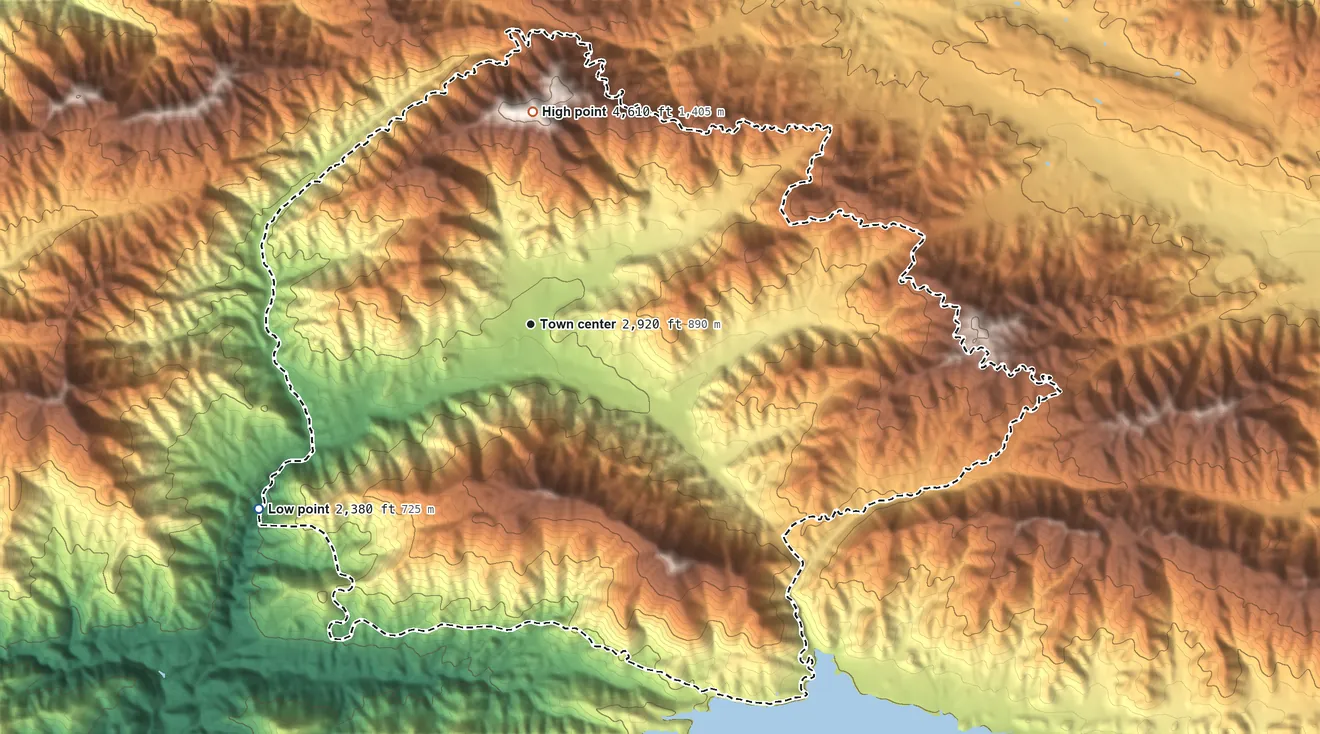 Topographic elevation map of Green Valley, Los Angeles County, California, shaded from 2,380 ft on the southwest side to 4,610 ft on Grass Mountain