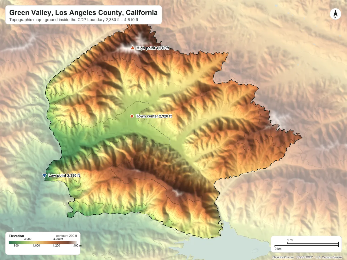 Topographic elevation map of Green Valley, Los Angeles County, California, shaded from 2,380 ft on the southwest side to 4,610 ft on Grass Mountain
