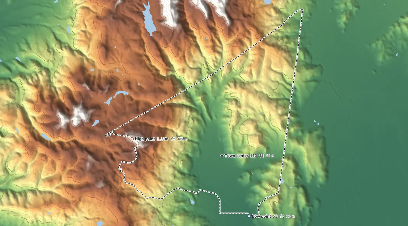 Topographic elevation map of Green Valley, California, shaded from 53 ft on the southeast side to 1,590 ft on the west side