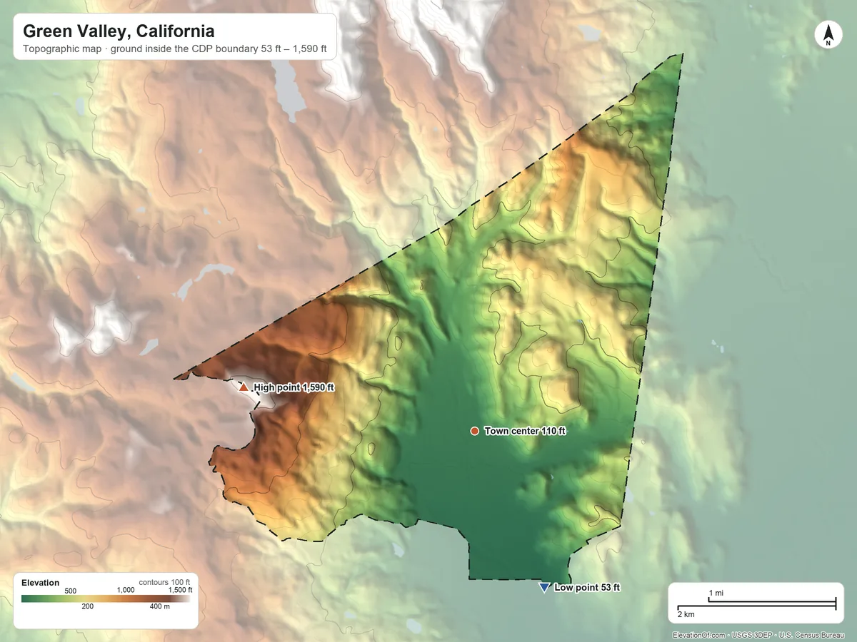 Topographic elevation map of Green Valley, California, shaded from 53 ft on the southeast side to 1,590 ft on the west side