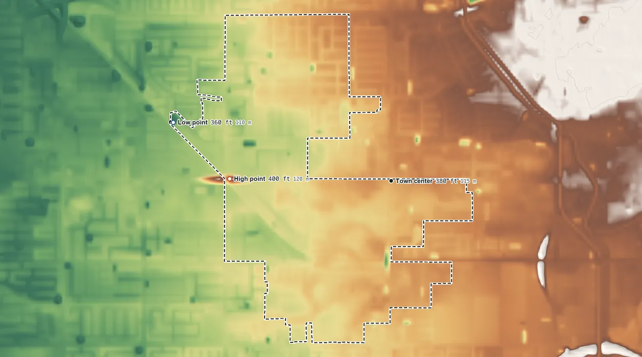 Topographic elevation map of Greenacres, California, shaded from 360 ft on the west side to 400 ft on the west side
