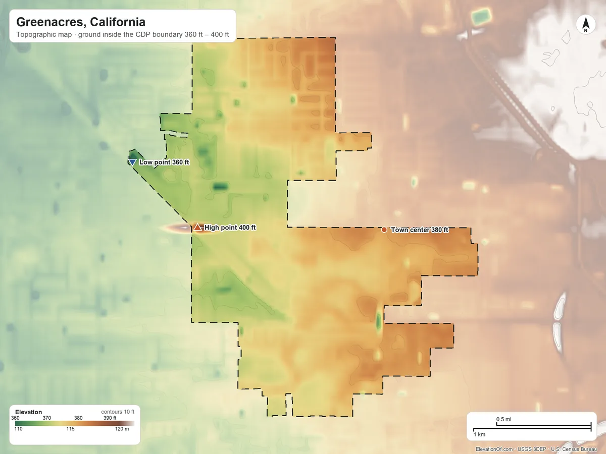Topographic elevation map of Greenacres, California, shaded from 360 ft on the west side to 400 ft on the west side