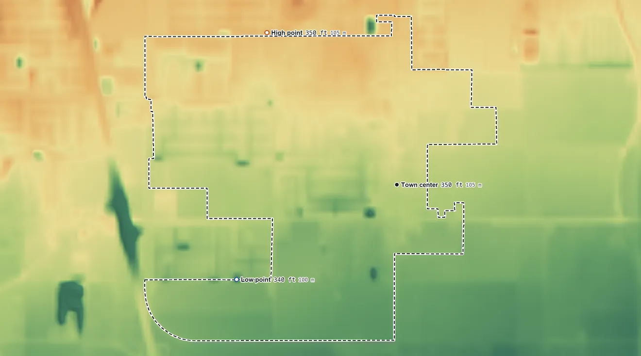 Topographic elevation map of Greenfield, Kern County, California, shaded from 340 ft on the southwest side to 350 ft on the northwest side