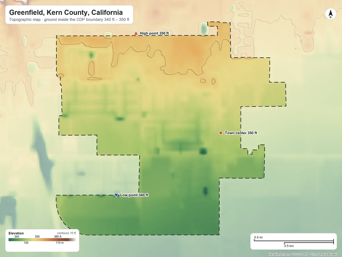 Topographic elevation map of Greenfield, Kern County, California, shaded from 340 ft on the southwest side to 350 ft on the northwest side