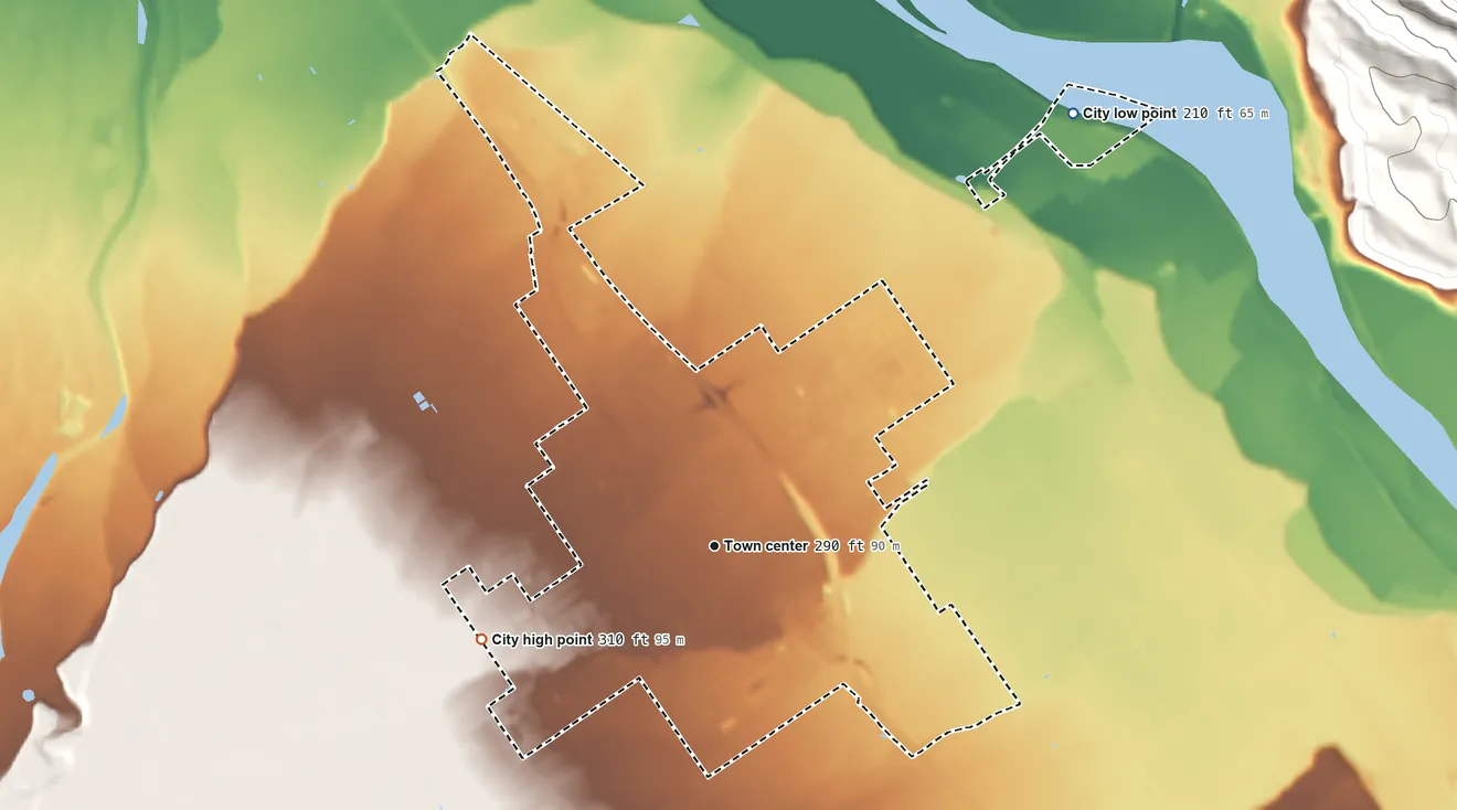 Topographic elevation map of Greenfield, California, shaded from 210 ft on the northeast side to 310 ft on the west side